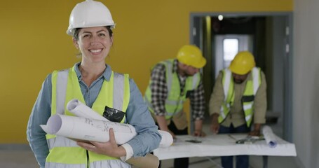 Aufkleber - Woman, face and engineering at construction site, planning building and teamwork or project management. Happy portrait of architecture worker with blueprint, floor plan design or property development