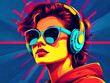 © Abul - Popart retro style with vivid colorful background and a gorgeous brunette young woman. generative ai
