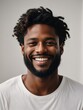 a closeup photo portrait of a handsome black afro american man smiling with clean teeth and a white t-shirt. for a dental ad. guy with beard with strong jawline with white background 4k