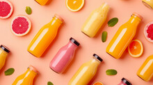 Top View, Assorted Smoothies In Bottles With Fruits