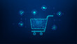shopping cart online technology symbol on blue background. business e-commerce delivery digital. payment buy online concept. vector illustration hi-tech line and dot concept.