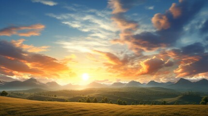 Wall Mural - a 3d-rendered image captures a radiant sunrise over a serene countryside, painting the world in warm