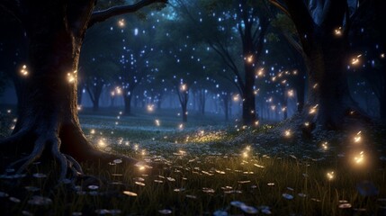 Wall Mural - in this realistic 3d render, a field of fireflies illuminates the night, creating a magical and ench