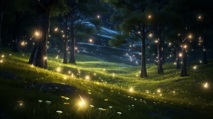 Wall Mural - in this realistic 3d render, a field of fireflies illuminates the night, creating a magical and ench
