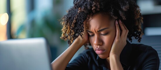 Poster - A fatigued consultant, experiencing burnout and with a headache from long hours in customer service and online support, including telemarketing and contact with customers, particularly for a black