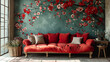 A beautiful red velvet sofa and a artsy flower wallpaper in a cosy room, comfy interior design