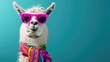 © PhilipSebastian - A stylized llama with a quirky expression, wearing pink sunglasses and a colorful scarf, set against a teal background