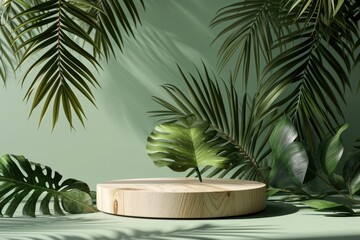 Wall Mural - Wooden podium for product presentation with tropical leaves on green background