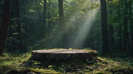 Flat stone podium in the magical forest , empty round stand background