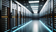 server room data center with rows of server racks for digital data storage