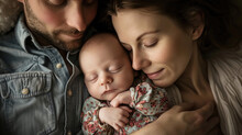 Sleeping Baby With Mom And Dad, Closeup