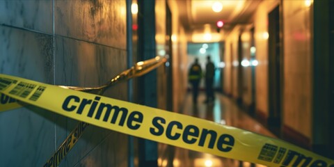 crime scene tape with blurred forensic law enforcement background in cinematic tone and copy space