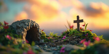 A Miniature Scene Depicting The Resurrection With  Wooden Cross On A Moss-covered Hill, Symbolizing Hope And Renewal During Easter