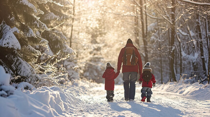 Wall Mural - Rear view of family with two small children in winter nature, walking in the snow.