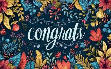 Wall Mural - Happy bright congratulation poster. Congrats quote banner on the blue background with colorful leafs and flowers frame. Botanical floral illustration. Lettering composition. AI Generative.