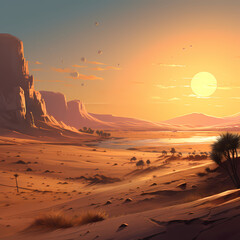 Sticker - A serene desert landscape with sand dunes and a distant oasis.