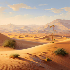 Wall Mural - A serene desert landscape with sand dunes and a distant oasis.