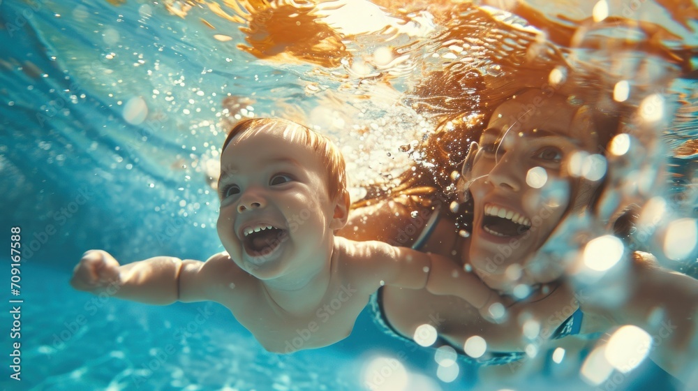 Cute smiling baby and mom having fun swimming and diving in the pool at ...