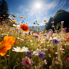 Poster - A field of wildflowers in full bloom under a clear sky.