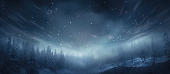 Canvas Print - Snowflakes falling on a dark winter landscape with an abstract blizzard and light rays.