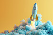 © izzuan - 3d rocket is blasting off through a cloud of smoke. Copy space for text. Business launch, startup concept.