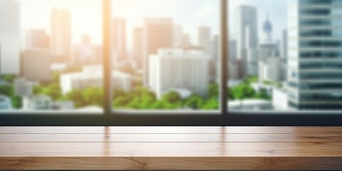 Wall Mural - Office building with wood table top and blurred white glass window background for product display and key visual layout in a montage.