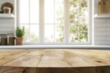 Fototapeta Londyn - Empty beautiful wood tabletop counter and blur bokeh modern kitchen interior background in clean and bright, Banner, Ready for product montage.