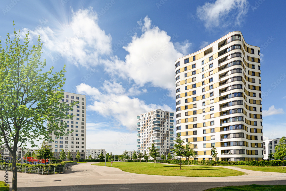 Residential area in the city, modern sustainable high-rise apartment ...