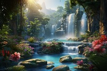 Tranquil Tropical Waterfall Oasis With Lush Vegetation