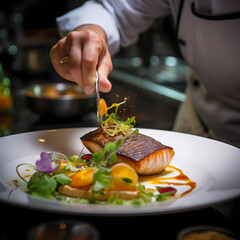 Wall Mural - Close-up of a chef preparing a gourmet dish.