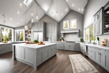 Light Grey Kitchen Room Interior With Vaulted Ceiling, Grey Cabinetry And Stainless Steel Appliances.