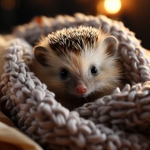 Photo Of A Tiny Hedgehog Curled Up In A Ball. Generative AI