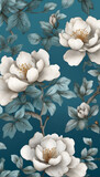 Fondo floral  vintage con flores y peonias al  estilo chinería o chinoiserie en colores verde azulados para decoración de papel tapiz elegante y premium.