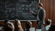 © Andrei - Man giving a lecture in front of a audience. He is presenting a subject with the help of a blackboard full of charts and stock market indicators. Professional expert teaching others.