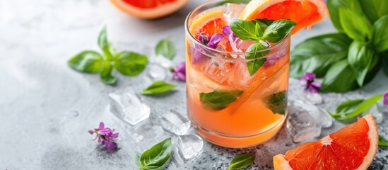 Poster - Refreshing summer cocktail with grapefruit and violet red basil, served in a glass jar on a light concrete surface.