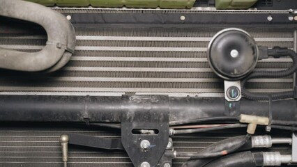 Poster - Truck engine compartment. View of the cooling system, pipes and other equipment. Close-up.