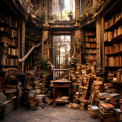 Canvas Print - An old bookshop with books stacked haphazardly on worn shelves.