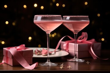 two pink sparkling wine, cava, champagne Valentines day cocktails in glasses with gift boxes bokeh copy space left. Romantic surprise, dating concept. Wedding engagement party celebration.