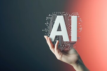 Poster - AI symbol in circuit design held by a hand against a red gradient.