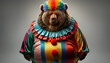 Big fat sad bear clown with colourful wig and outfit, isolated on a neutral grey background