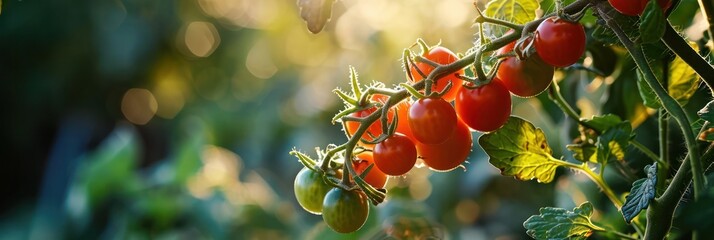 Poster - Sun-drenched cherry tomatoes in various stages of ripeness hanging from a lush green plant