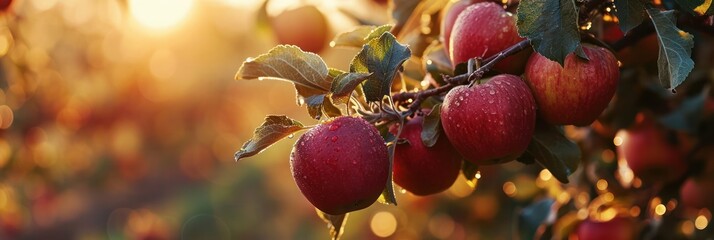 Poster - Red apples basking in the warm sunset light in a lush orchard