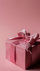 Poster - Elegant pink gift box with a textured ribbon on a matching pink background, soft lighting