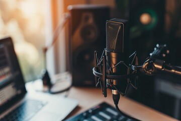 Poster - Studio microphone setup with warm daylight, laptop, and speakers in a home recording environment
