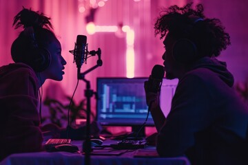 Aufkleber - podcast hosts recording with vibrant purple backlighting, dynamic and modern studio environment