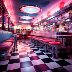 Sticker - A retro diner with checkered floors and neon signs.