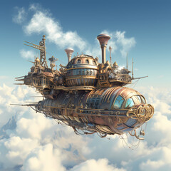 Sticker - Steampunk airship sailing through the clouds.