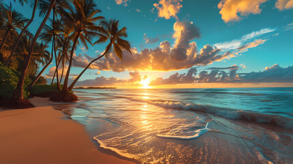 A photographic depiction of a secluded beach with sunset and clouds sky