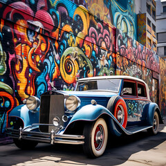 Canvas Print - Vintage car with a vibrant graffiti backdrop