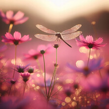 Generative AI Beautiful Dragonflies Perched On Pink Flowers, A Dragonfly Perched On A Blooming Pink Flower, A View Of A Dragonfly Perched On A Blooming Flower, Pink Flowers Infested By Dragonflies